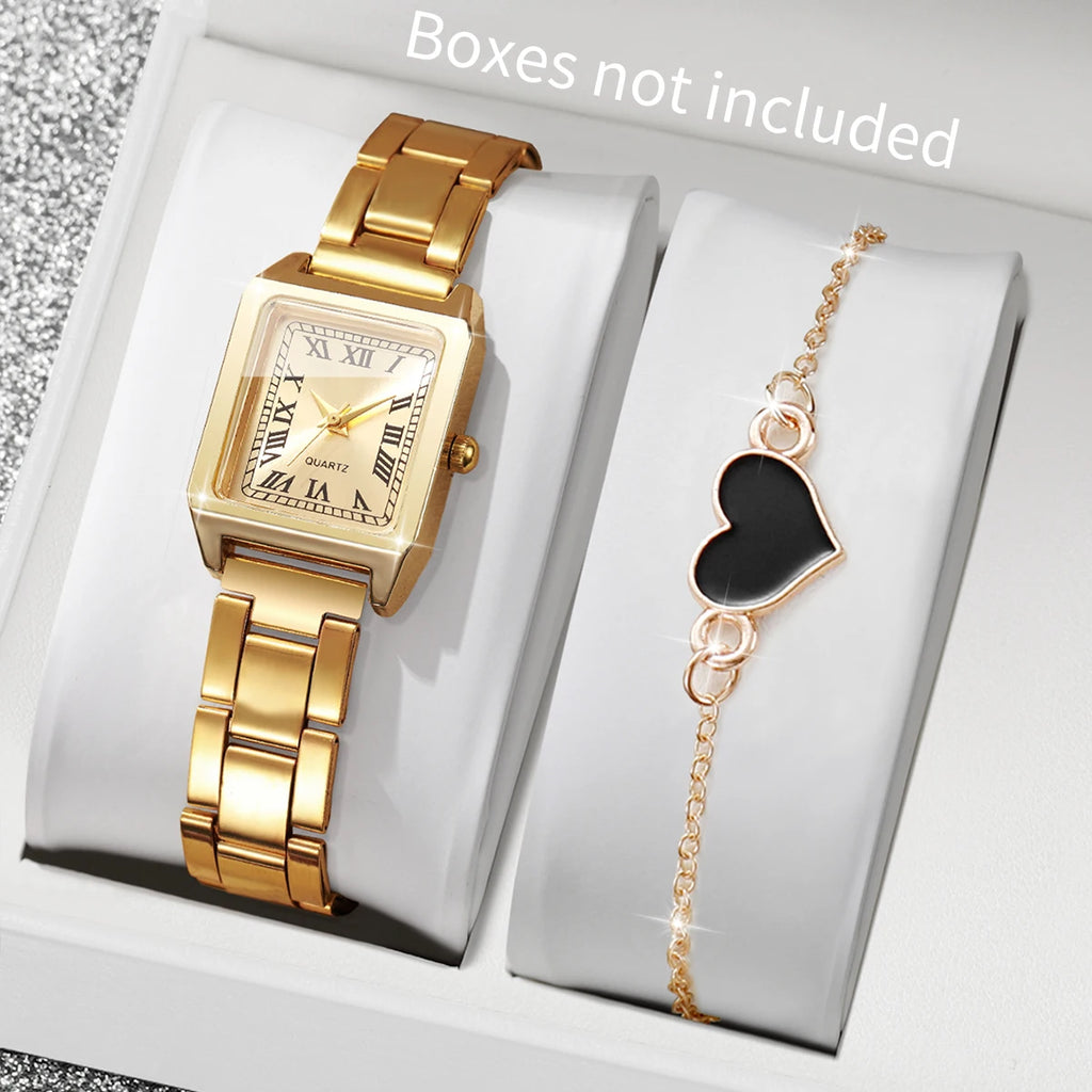 Luxury Gold Tone Women Watch Set Square Dial Quartz Wristwatch with Black Heart Charm Bracelet Female Dress Jewelry Gift Set Qme 2PCS Without Box
