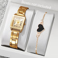 Luxury Gold Tone Women Watch Set Square Dial Quartz Wristwatch with Black Heart Charm Bracelet Female Dress Jewelry Gift Set Qme 2PCS Without Box