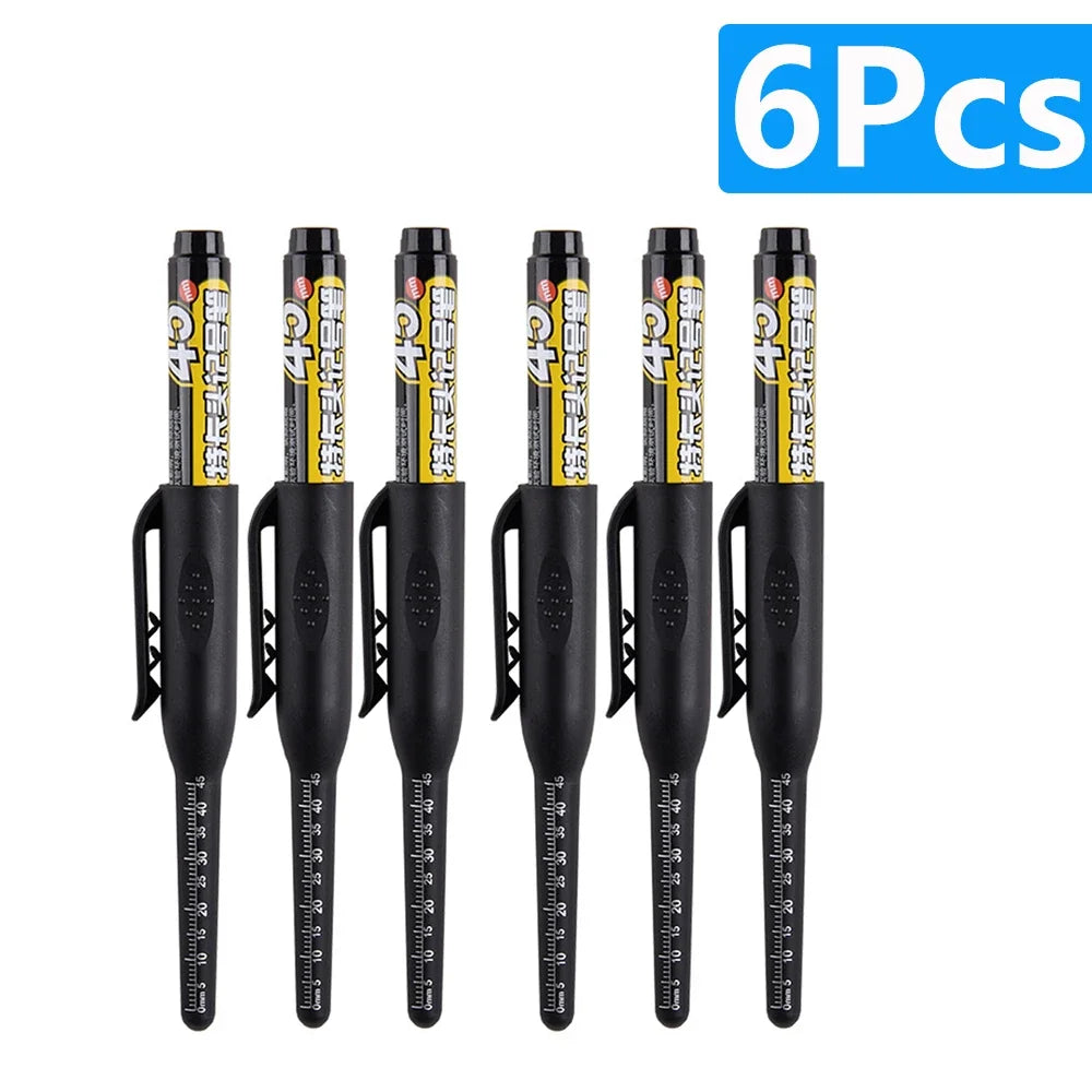 6Pcs 45mm Waterproof Long Head Nib Deep Hole Markers Pen Tile Carpenter Pen Multi-purpose for Woodworking Black/Blue/Red Ink Qme 6pcs Black