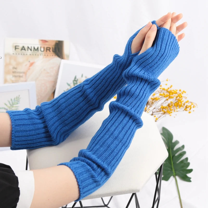 Women Long Fingerless Gloves Soft Female Glove Lolita Kawaii Mitten Qme ROYAL BLUE length-52cm