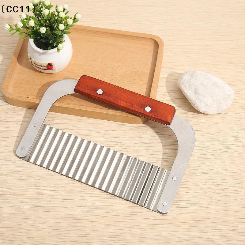 Stainless Steel Wavy Potato Cutter Wooden Handle Crinkle Vegetable Qme