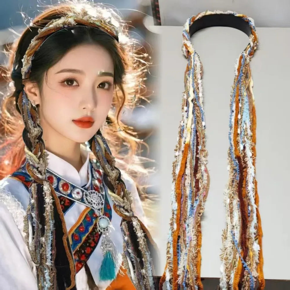 Boho Style Chinese Tibetan Hairband Colorful Ribbon Long Tassel Braid Hairband Candy Colored Weaving Ethnic Hair Hoop Qme Orange