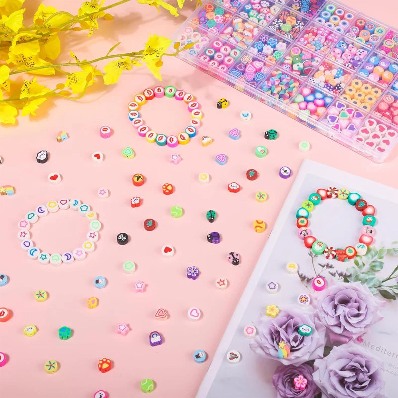 Polymer Clay Beads Kit 24 Styles Cute Fun Clay Beads Flower Butterfly Heart Letter Pony Beads for Bracelet Necklace Making DIY Qme