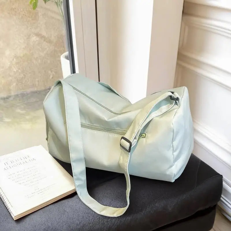Beige Water Resistant Nylon Duffel Bag With Adjustable Strap Large Capacity For Gym Travel Daily Commute Qme A4