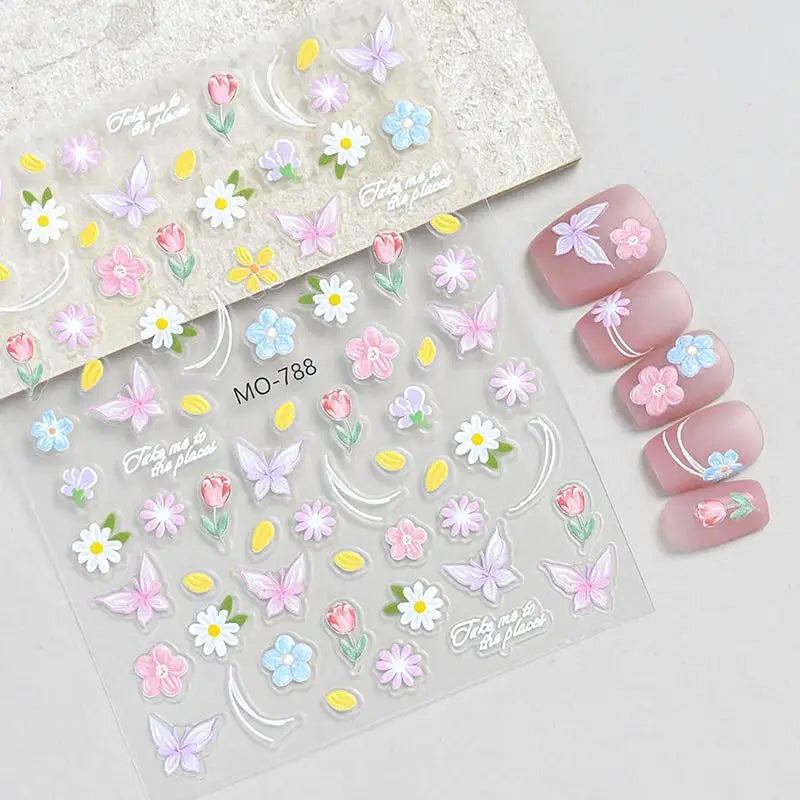 Dopamine Spring Flowers Butterfly Small Tulip Relief 3D Nail Stickers Qme