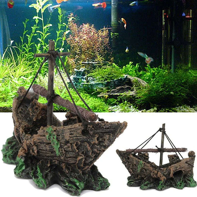 Aquarium Ornament Wreck Sunk Ship Sailing Boat Destroyer Fish Tank Cave Decor. Qme