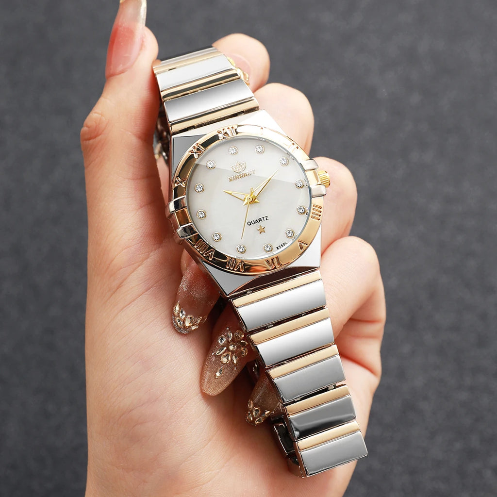 Two Tone Women Quartz Watch Rhinestone Dial Roman Bezel Alloy Band Elegant Ladies Dress Watch Qme