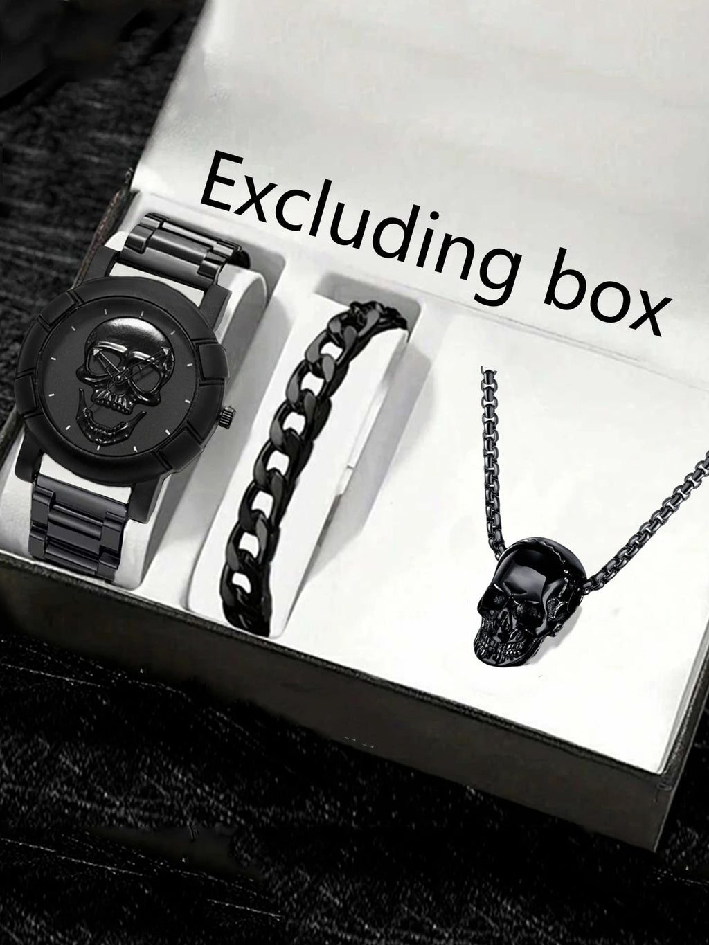 1pcs Fashion Large Dial Cool Skull Trendy Men's Watch Business and 1pcs Bracelet 1pcs Skull Necklace Qme All black suit