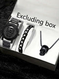 1pcs Fashion Large Dial Cool Skull Trendy Men's Watch Business and 1pcs Bracelet 1pcs Skull Necklace Qme All black suit