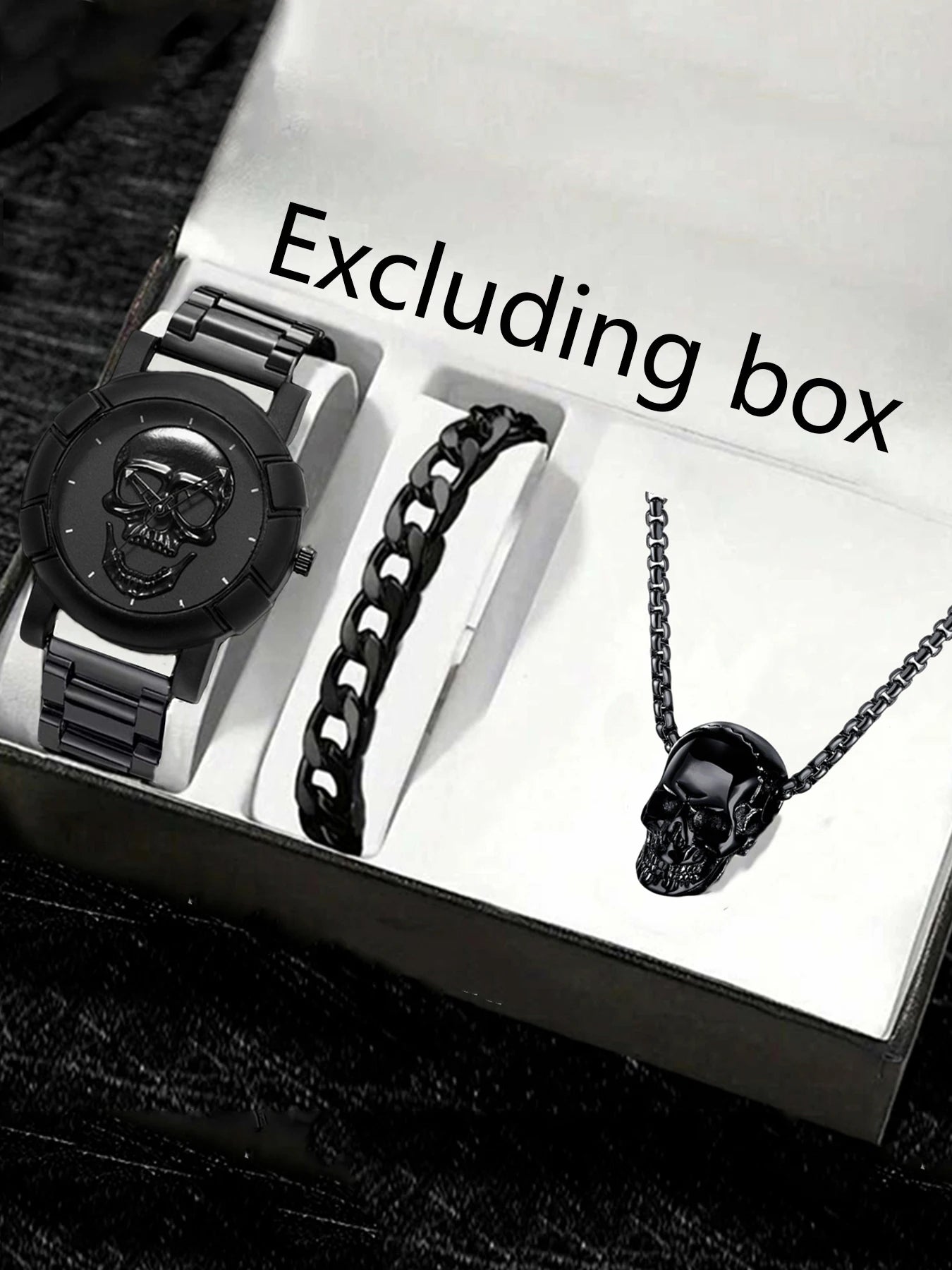 1pcs Fashion Large Dial Cool Skull Trendy Men's Watch Business and 1pcs Bracelet 1pcs Skull Necklace Qme All black suit