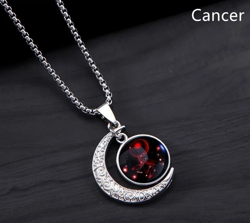 12 Constellation Luminous Necklace Zodiac Signs Jewelry Crescent Moon Pendant Glow In The Dark Necklace Birthday Gifts Unisex Qme Cancer