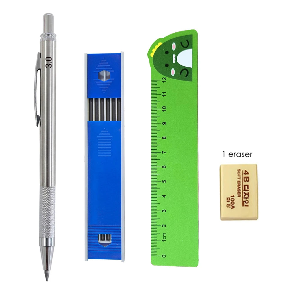 Mechanical Pencil Set 3.0mm Full Metal Art Drawing Painting Automatic Pencil with Leads Office School Supply Qme 4 PCS Set A