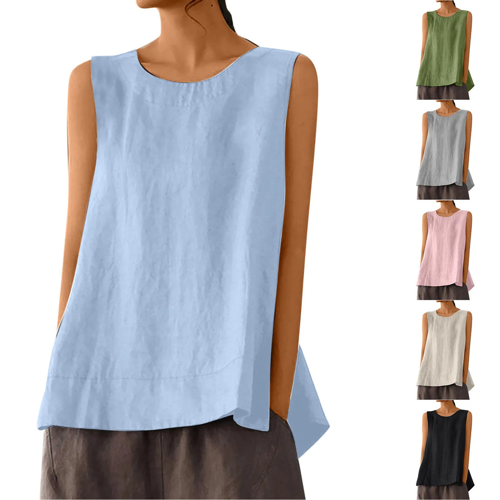 Female Summer Oversized Solid Color Retro Casual Cotton Linen Solid Color Sleeveless Round Neck Soft And Breathable Top Vest Qme