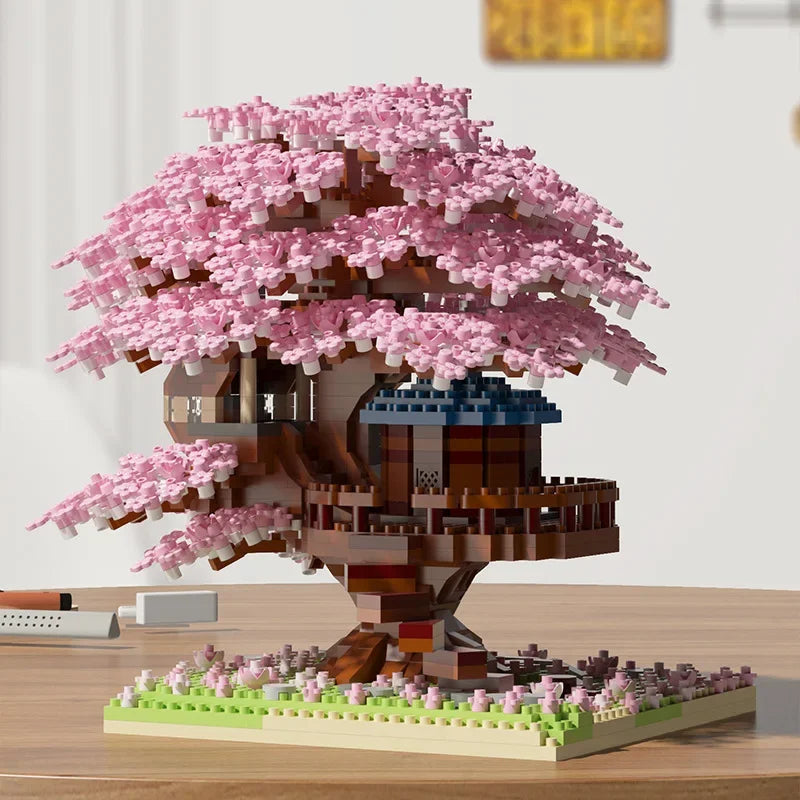 DIY Sakura Tree Building Blocks Set Diy Cherry Blossom Bricks with Light Treehouse Model Ornament Romantic Gift for Girl Friend Qme