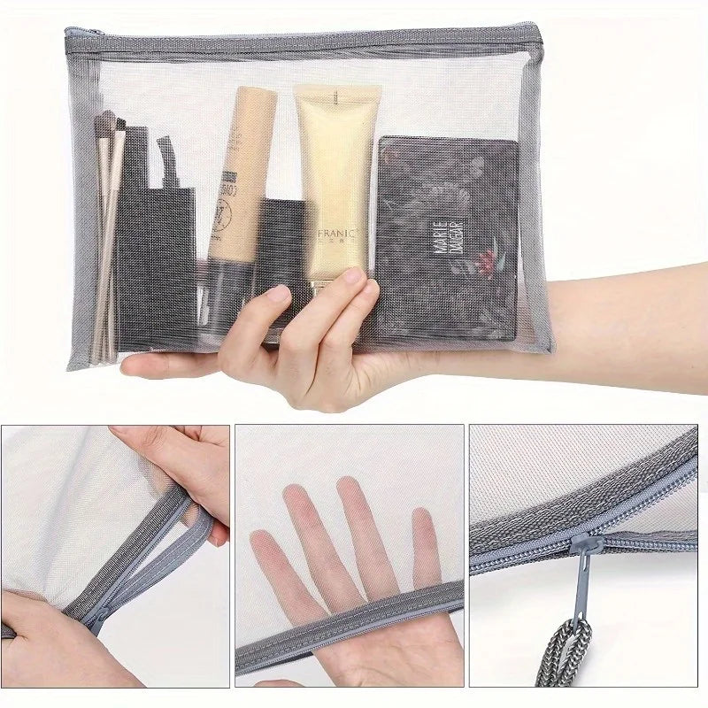 2-Piece Nylon Zipper Mesh Bag Set - Multifunctional Travel Storage Bag and Cosmetic Bag - Durable, A5 Size - Black, White, Grey Qme