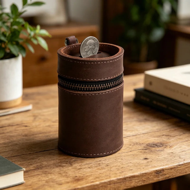Genuine Leather Coin Pouch Piggy Bank Cash Holder Organizer Purse for Men & Women Money Saving Box Men's Change Purses & Pouches Qme