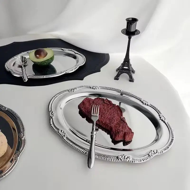 Snack Plate Dining Table Decoration Vintage Embossed Silver Tray Qme