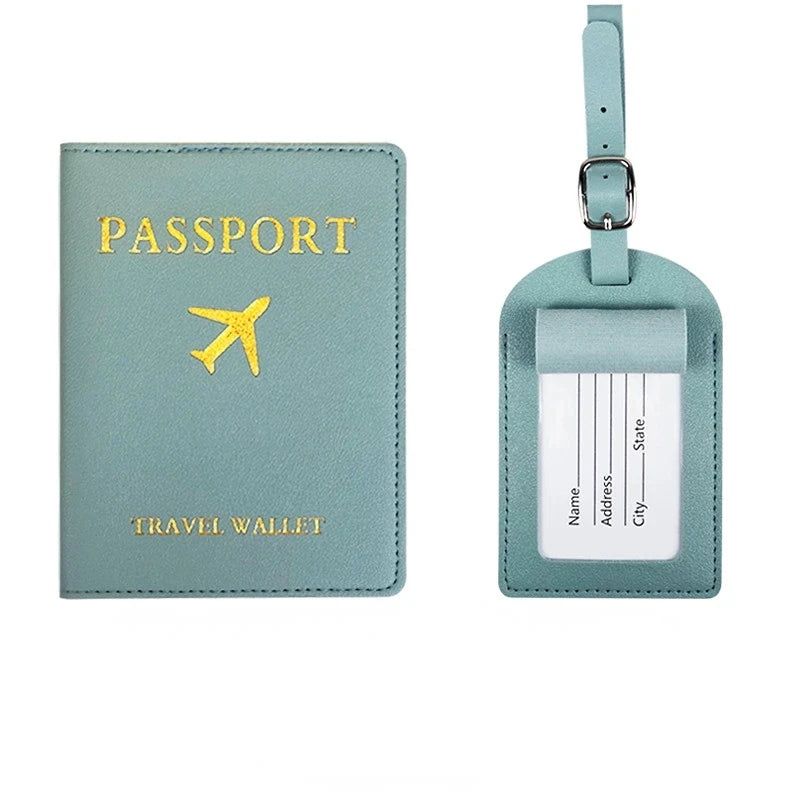 PU Leather Luggage Tag Passport Holder Set Passport Protective Cover Travel Portable ID Credit Card Holder Travel Accessories Qme Light Blue