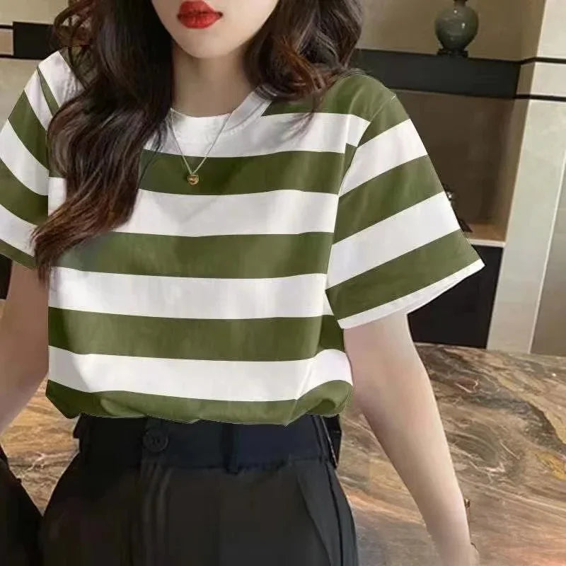Summer Style Loose-fit Round Neck Short Sleeve Striped Pullover Casual Versatile Round Neck Slim Fit T-shirt Base Layer Shirt Qme Green L
