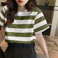 Summer Style Loose-fit Round Neck Short Sleeve Striped Pullover Casual Versatile Round Neck Slim Fit T-shirt Base Layer Shirt Qme Green L