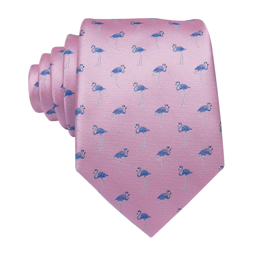 Hi-tie Designer Pink Blue Flamingo Print Silk Ties Men Handkerchief Qme