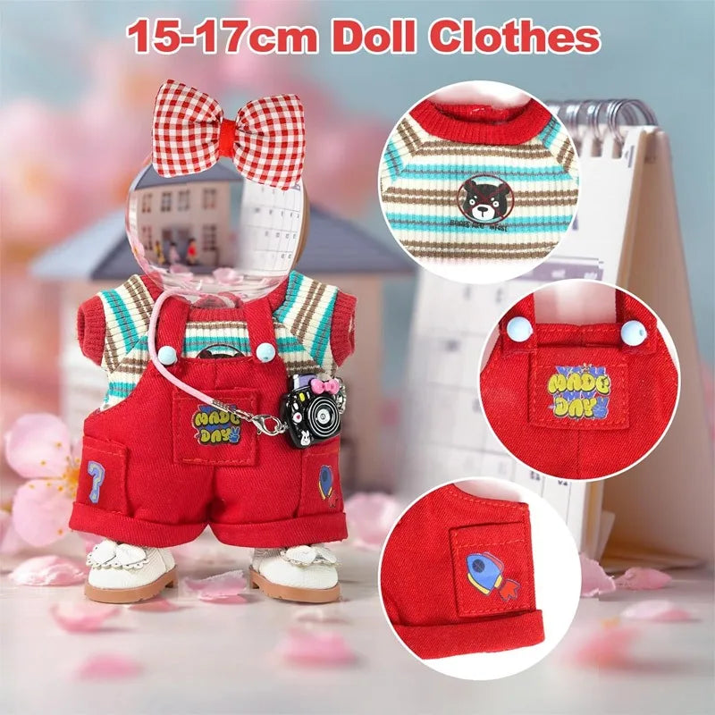 Labubu doll clothing 2-piece set, red workwear and striped T-shirt, suitable for fashionable matching of 17cm and 15cm dolls Qme