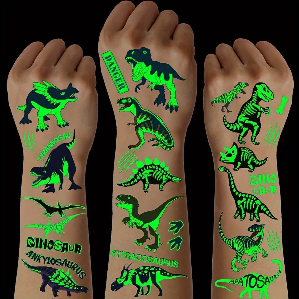 24 Sheets Luminous Dinosaur Temporary Tattoos, Waterproof Glow In The Dark T-Rex Pterosaur Velociraptor Triceratops Stegosaur De Qme