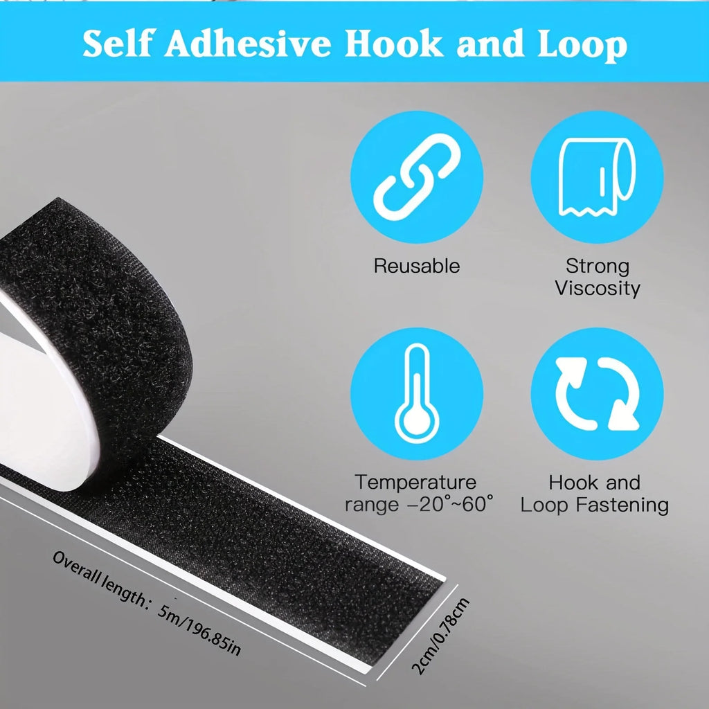 Self-Adhesive Hook and Loop, Fabric Double-Sided Tape with Tear-Apart Strong Adhesive Suitable for Fabrics, Mosquito Nets Qme Black