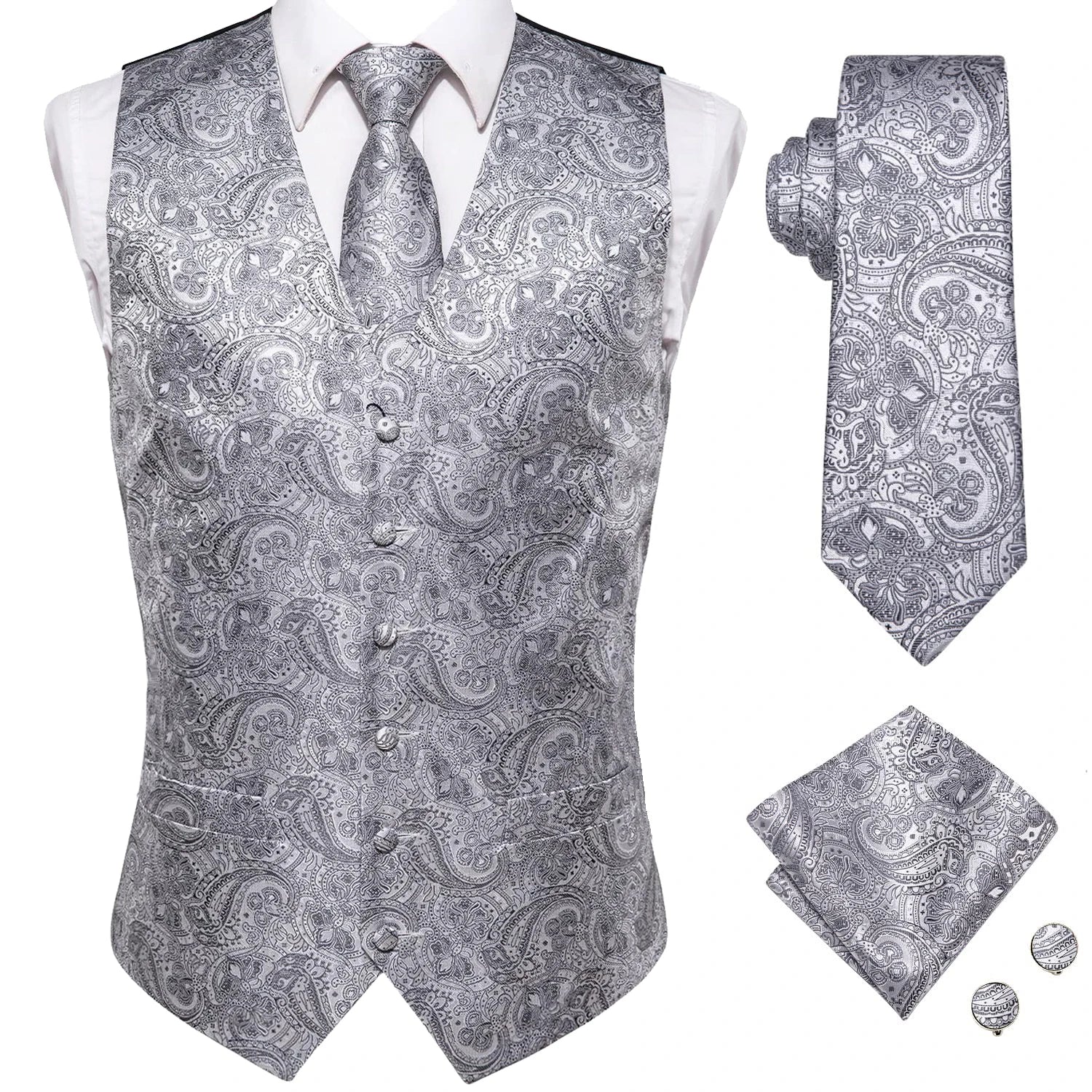 Hi-tie Mens Suit Vests Necktie Hankerchief Cufflinks Silk Slim Fit Qme