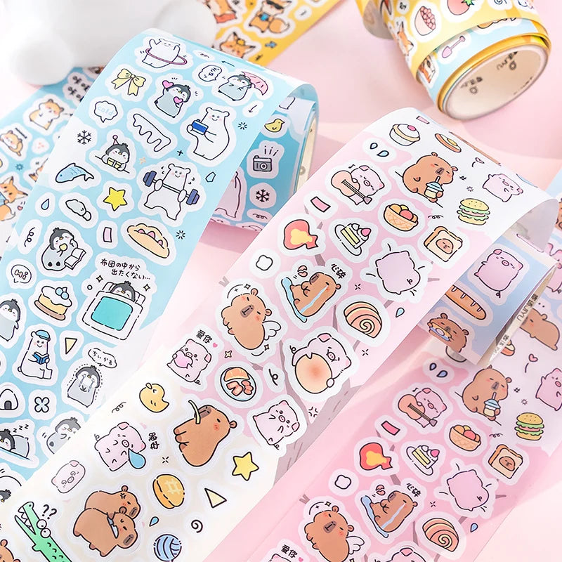 70mm*2m Cute Cartoon Creative Decoration Adhesive Tape PET Die Cutting Tapes Handbook DIY Scrapbooking Collage Journal Stickers Qme