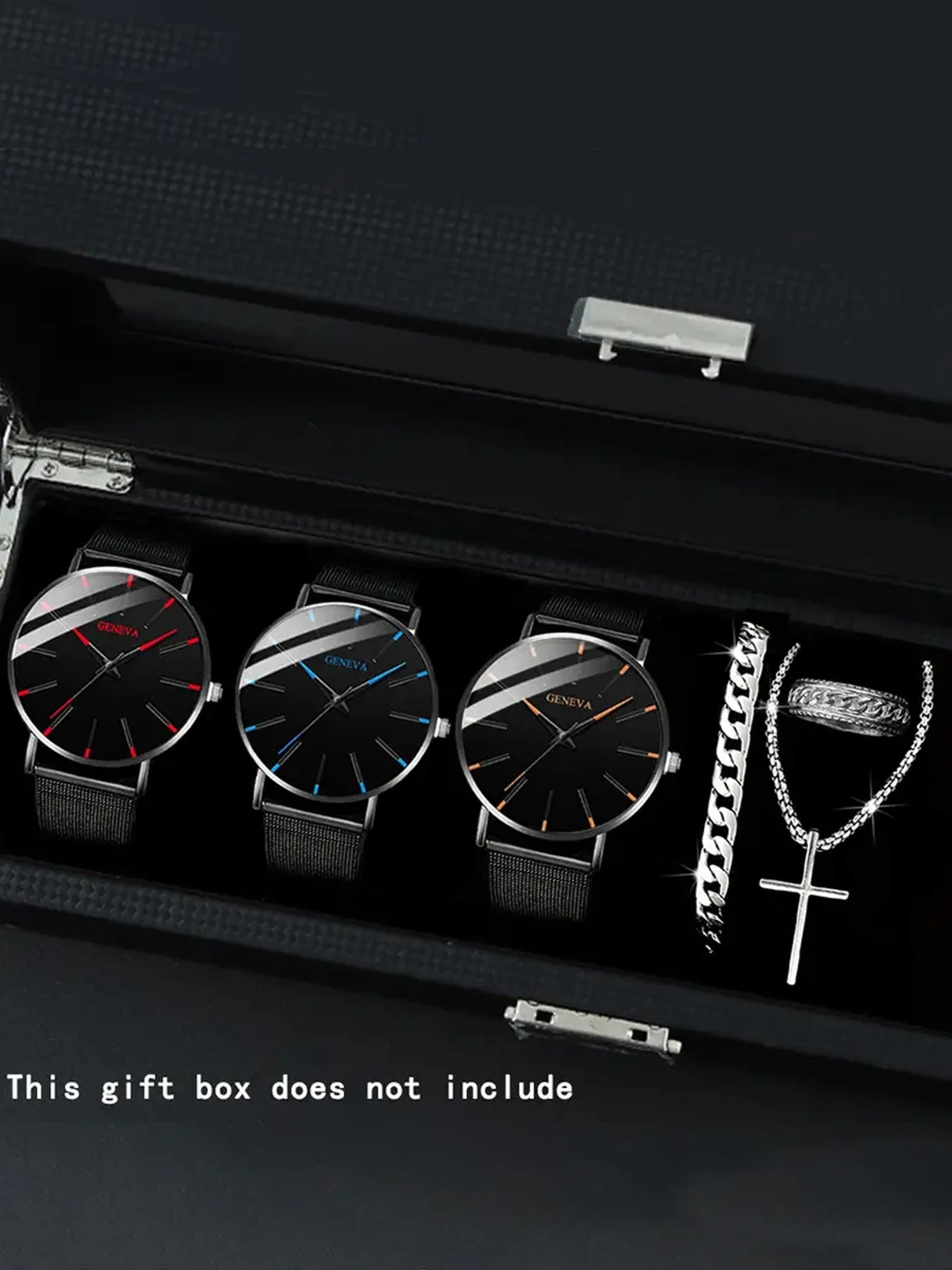 3Pcs Geneva Minimal Mesh Band Watch Set with Cross Necklace & Textured Ring for Men Qme 6pcs 2