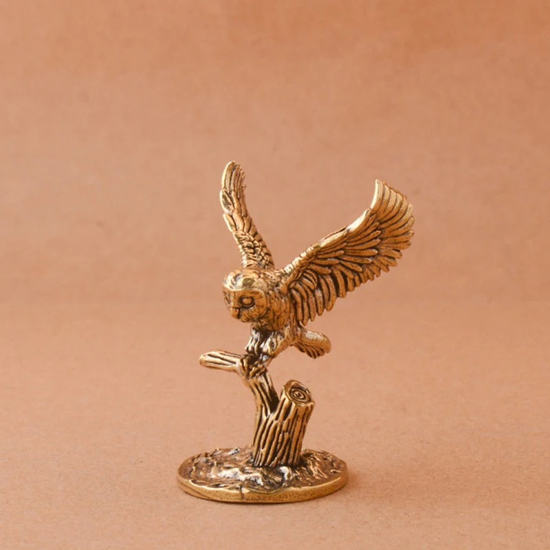 Antique Solid Brass Owl Miniature Figurines Retro Copper Animal Tea Qme