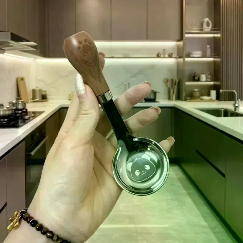 Stainless Steel Short Handle Soup Spoon Cute Panda Pattern Non Slip Wood Grain Handle For Kids Toddlers Daily Use Qme