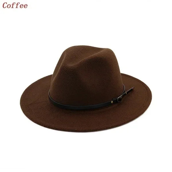 Men Women Fashion Vintage Simple Solid Wide Brim Felt Jazz Cap Church Qme Coffee