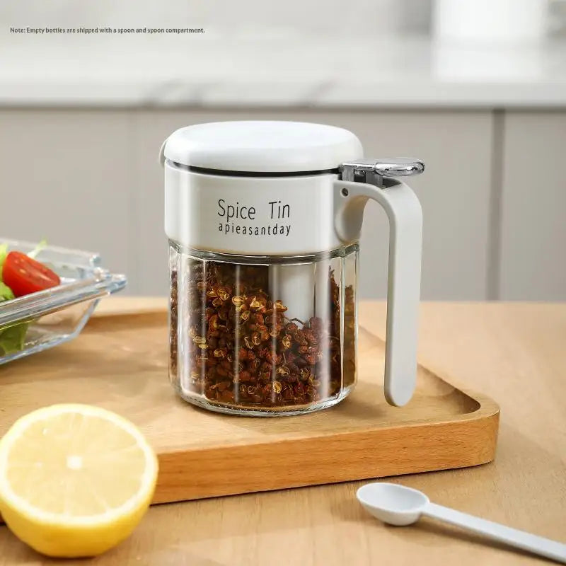 Glass Spice Jar Built-in Spoon Handle Airtight Seasoning Container Qme C