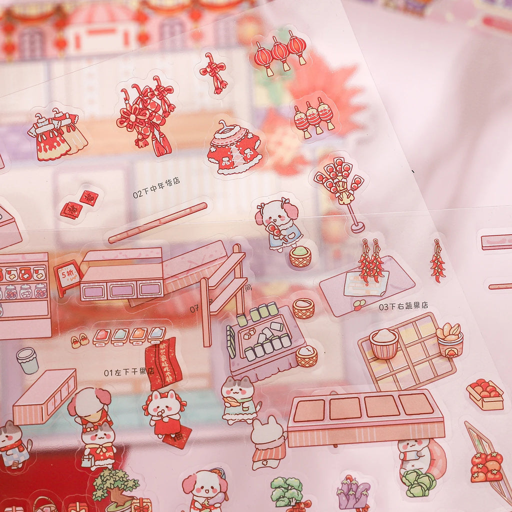 3 Sheets/Bag Zoo New Year Theme Miniature Scene Stickers, PET+White Card 2.5D Stress Relief Game Stickers for DIY Craft Qme