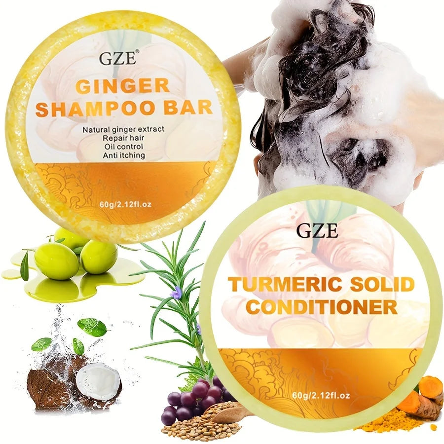 GZE Ginger Shampoo Bar Soap and Turmeric Solid Conditioner Hair Set for Thinning, Lock in Moisture & Shine and Control Frizz. Qme
