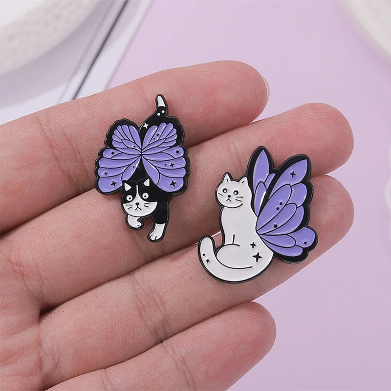 Witch Enamel Pin Punk Black White Cat Brooch Magic Hat Badge Book Wings Lapel Animal Goth Purple Crystal Jewelry Gifts Wholesale Qme