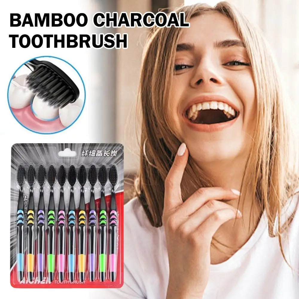 10 Count Soft Toothbrushes Adults Black Charcoal Ultra Sensitive Gums Qme