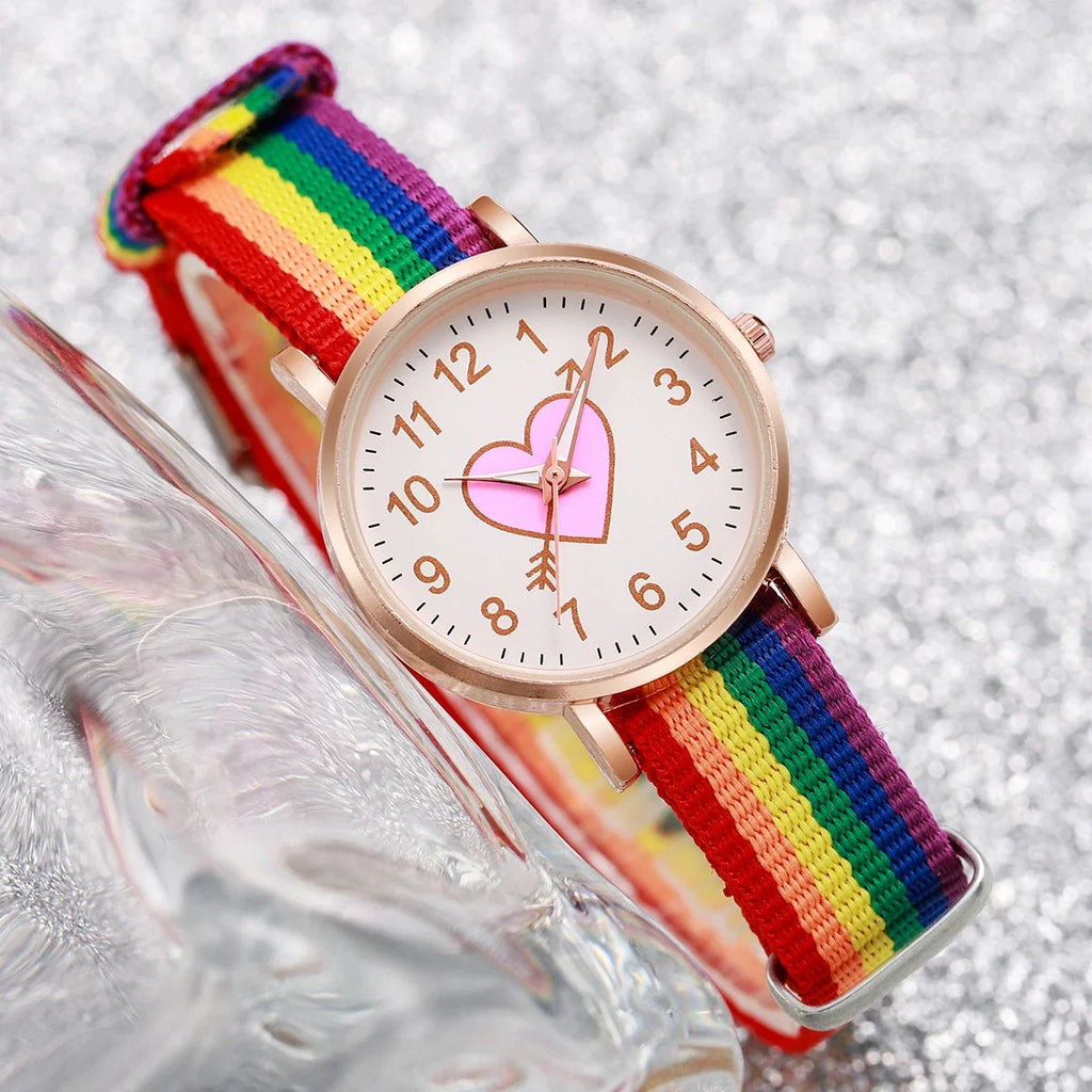 4 Pçs/set Moda Coração Dial Relógio Feminino Banda de Nylon Relógio de Quartzo Arco-íris Contas Pulseiras Conjunto Qme