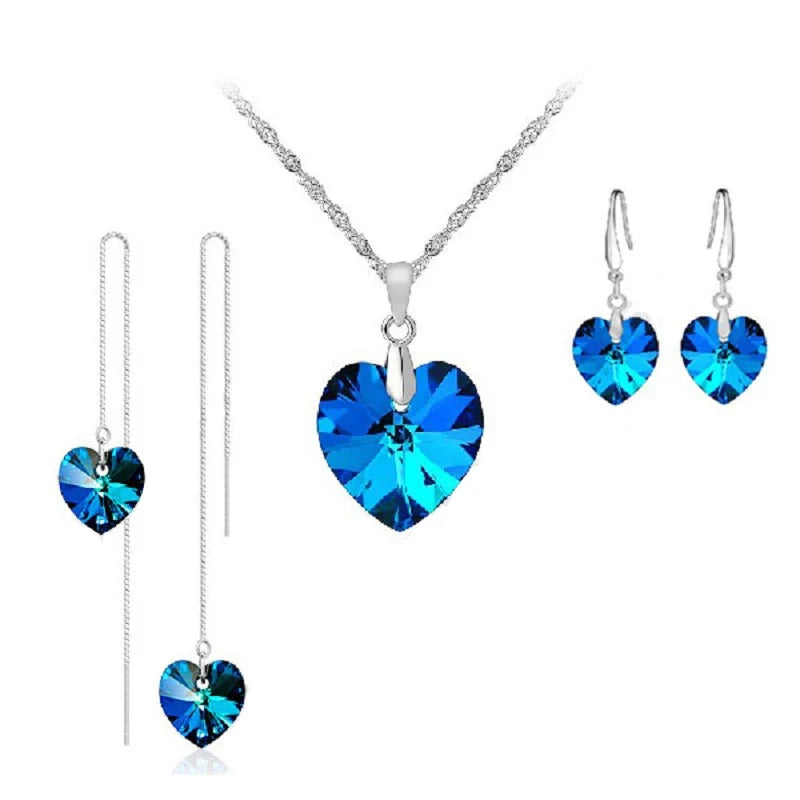 Jewelry Sets Blue Austrian Crystal Genuine 925 Sterling Silver Color Heart Pendant Necklace Earring Ear Thread Hook Earrings Qme Default Title