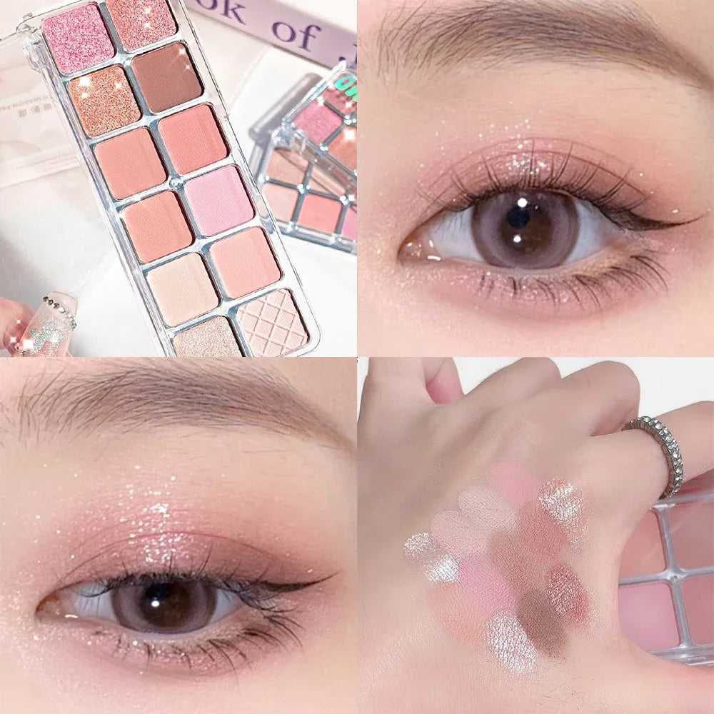 12 Colors Matte Pearl Eyeshadow Palette Christmas Waterproof Qme peach pink