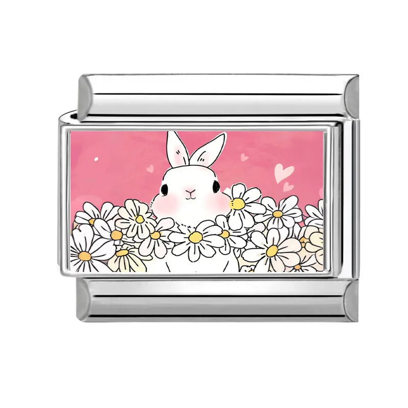 Y2K Pink Design Lovely Rabbits Tulip Flowers Strawberry Italian Charm Links 9mm Bracelets Bangle Stainless Steel DIY Making Gift Qme Style 18