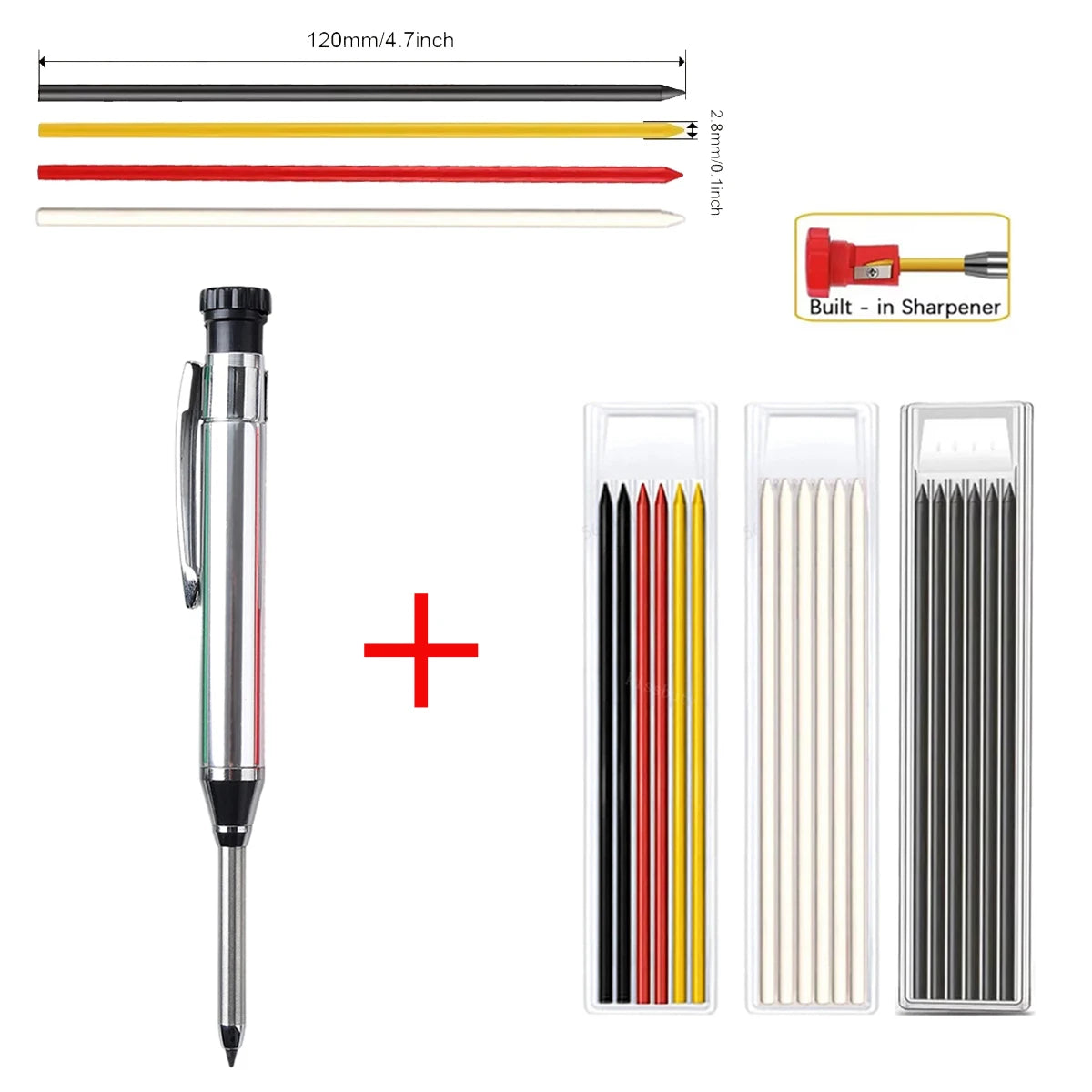 Metal Solid Carpenter Pencils with Sharpener Carpenter 2.8mm Solid Mechanical Pencils Marking Tools Construction/Carpenters Qme 1silver pen-3refills