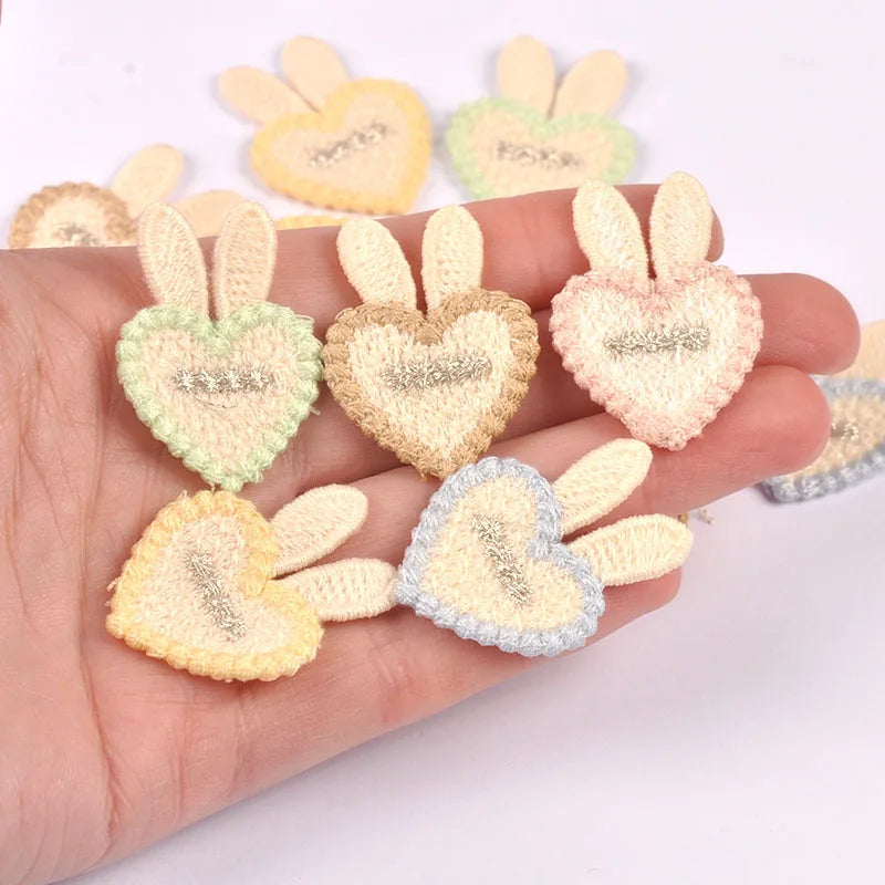 10pcs 35x26mm Assorted Color Knitted Heart Patches Cute Bunny Ear Appliques with, DIY Hair Accessories Crafts No Glue cp3856 Qme