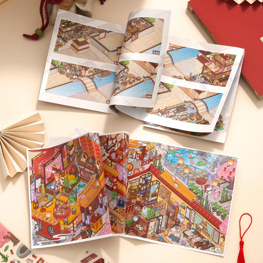 18 Sheets/Bag Chinese Classic Theme 8-Fold Miniature Diorama Scenery Stickers for DIY Scrapbooking Phone Case Decoration Craft Qme