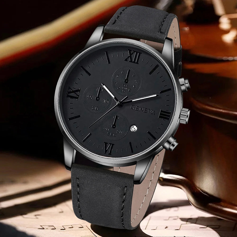 3PCS Black Men's Watch Set Business Trend Quartz Watch Bracelet Necklace Set Suitable for Daily Clothing Matching Perfect Gift Qme