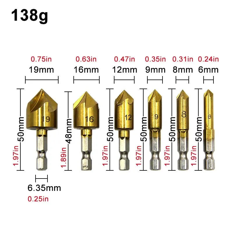 6PC Hexagonal Handle Titanium Plated Five Edge Chamfering Knife Countersunk Drill 6-19mm Woodworking Spot Facer Tool Set Qme