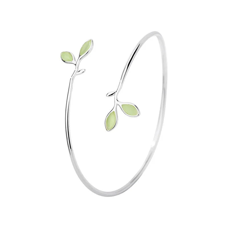 Simple 925 Silver Green Opal Leaf Bangle Minimalist Women Fashion Versatile Opening Adjustable Bracelet Jewelry Gift Wholesale Qme