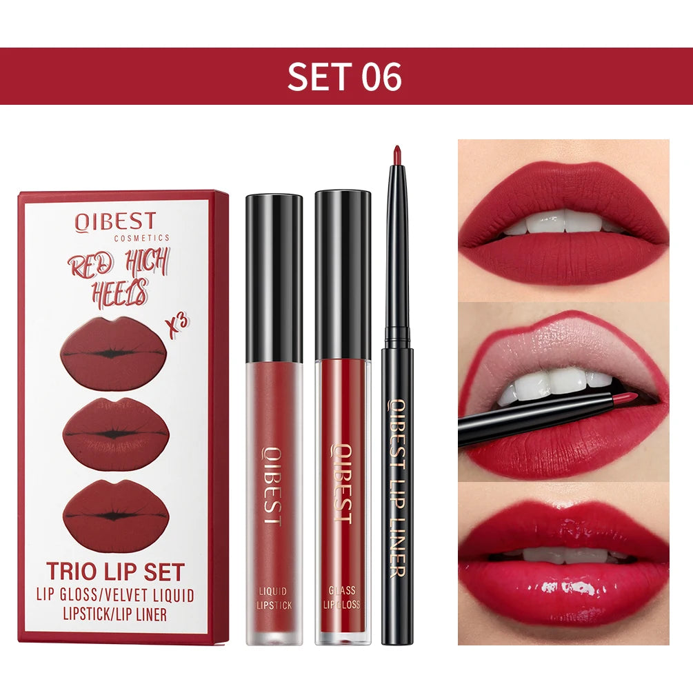 QIBEST Matte Liquid Lipstick&Lip Liner&Lip Gloss 3Pcs Sets Long Lasting Non-stick Cup Red Black Purple Lip Tint Cosmetics Kits Qme 06